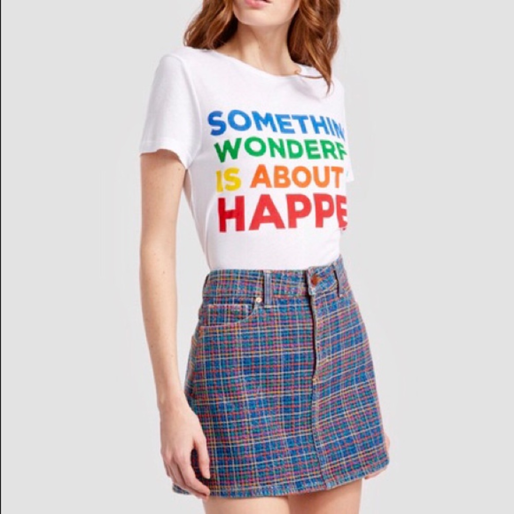 Alice and Olivia Rainbow Embroidered Denim  Skirt